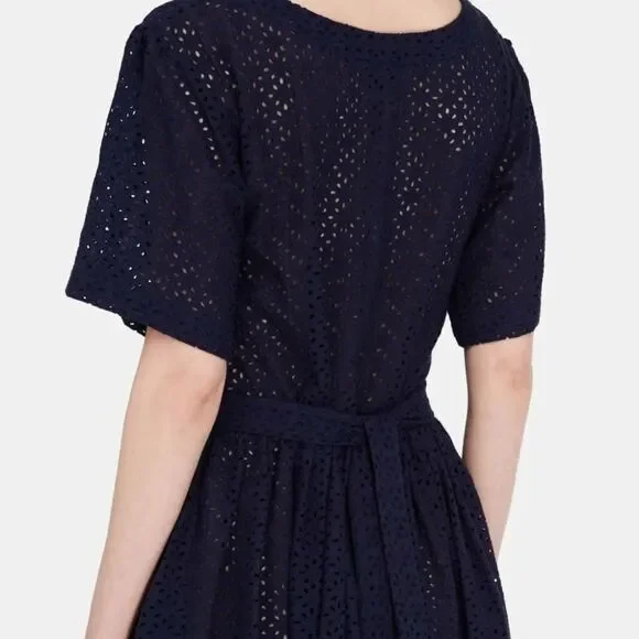 Lisa Marie Fernandez Navy Blue 100% Cotton Eyelet Shift‎ Midi Dress Small
